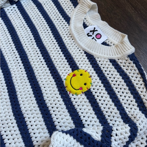 XO Kerri Rosenthal Smiley Face Striped Crochet Knit Sweater XL - Picture 3 of 7